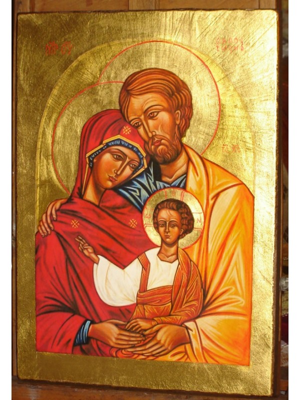 The Holy Family, Icon of the Equipes Notre-Dame, hand gilded with golden leaves 23 3/4 karat. Internet shop with icons
